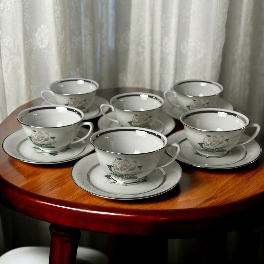 🇺🇸 Vintage Governors Mansion Manor House 6 Cups‎ & Saucers Rose Platinum